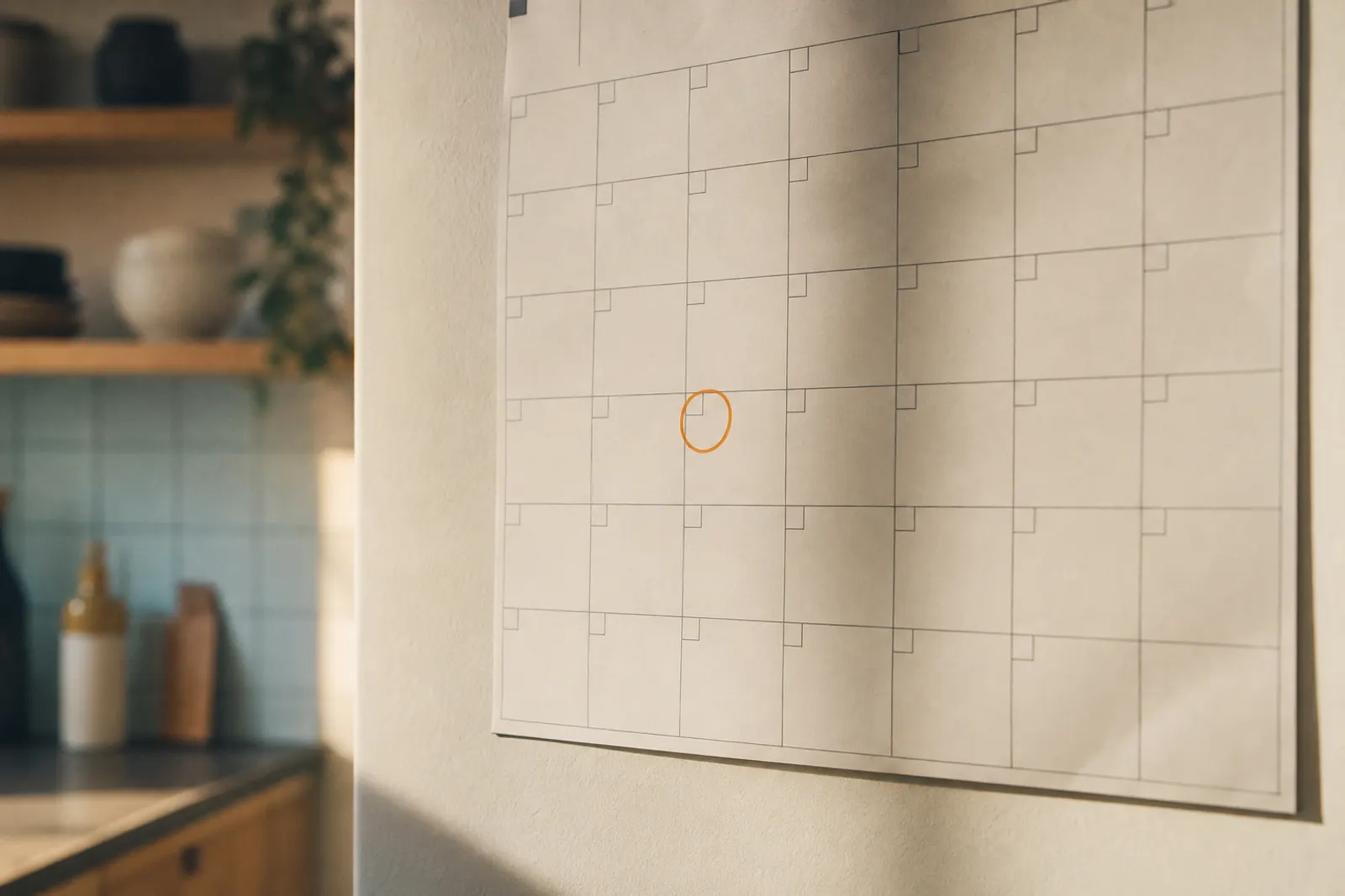 A kitchen wall calendar with one date circled in orange marker